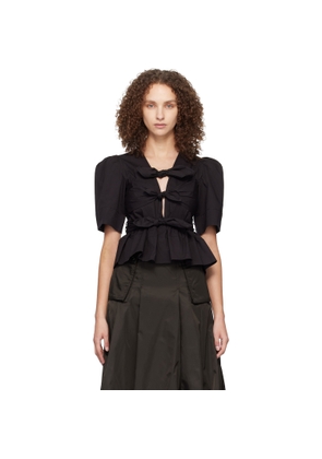 GANNI Black Washed Stretch Cotton Tie Strap Blouse