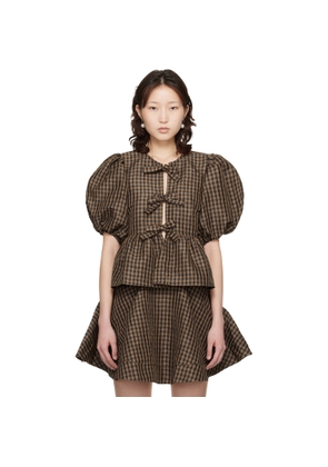 GANNI Brown Crinkled Check Blouse