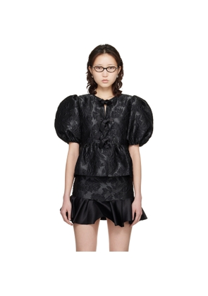 GANNI Black Satin Peplum Tie Blouse