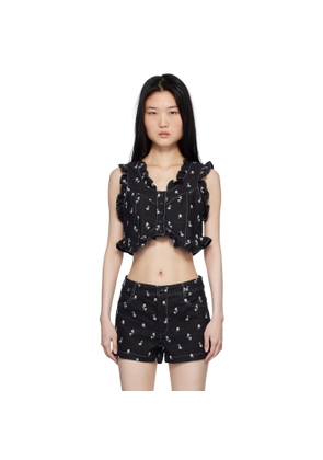 Anna Sui Black Embroidered Roses Cropped Denim Vest