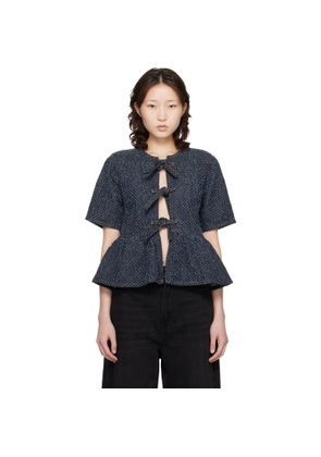 GANNI Blue Tweed Denim Peplum Blouse