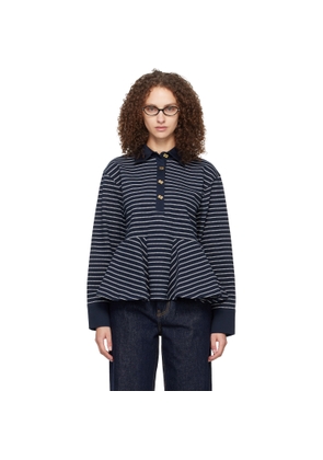 GANNI Navy Single Piqué Peplum Polo