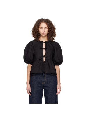 GANNI Black Cotton Poplin Peplum Tie Blouse