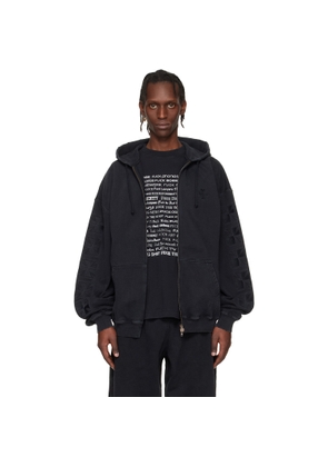 VETEMENTS Black Embroidered Biker Cross Sleeves Zip-Up Hoodie
