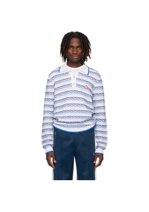 Casablanca White & Blue Tuck Stitch Long Sleeve Polo