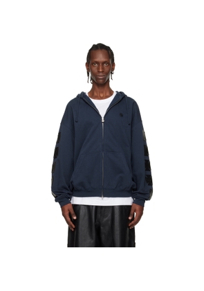 VETEMENTS Navy Leather Biker Crosses Zip-Up Hoodie