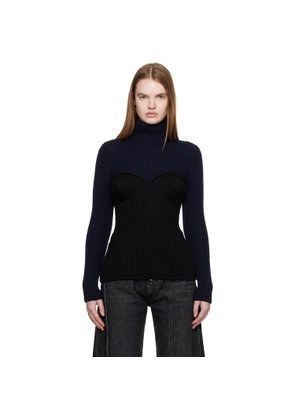 Jean Paul Gaultier Navy & Black Stretch Merino Wool Ribbed Turtleneck