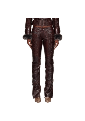 KNWLS Brown Smocked Straight Leg Leather Trousers
