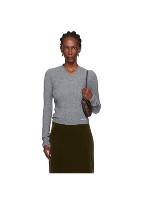 SHUSHU/TONG Gray Lace-Trimmed V-Neck Knit Sweater