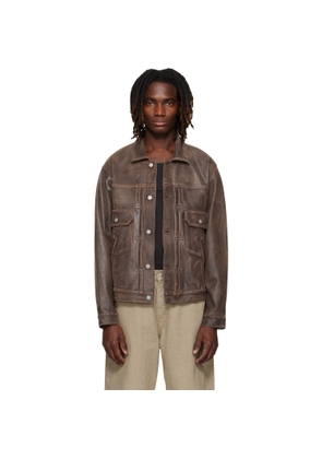 YOKE Brown Cracked Leather Trucker Jacket