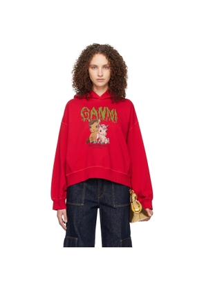 GANNI Red Graphic Cropped Hoodie