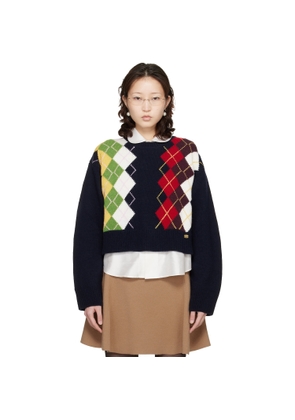 GANNI Navy Chunky Wool Mix Argyle Knit Sweater