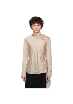AARON ESH Taupe Draped Neck Long Sleeve Silk Blouse
