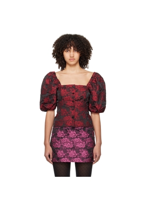 GANNI Black & Red Botanical Jacquard Blouse