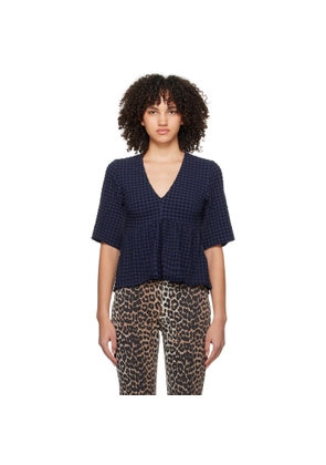 GANNI Blue & Black V-Neck Blouse