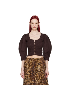 GANNI Brown Smocked Blouse