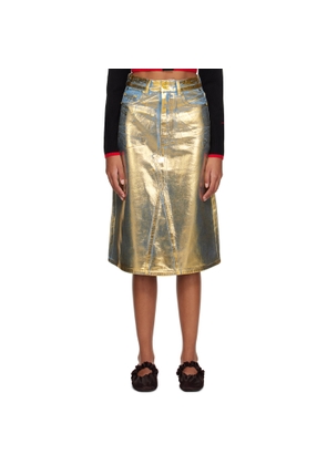 GANNI Blue & Gold Foil-Coated Denim Midi Skirt