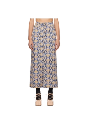 GANNI Blue & Yellow Snake Printed Denim Maxi Skirt