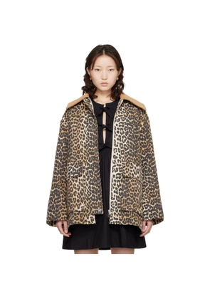 GANNI Beige Leopard Printed Canvas Midi Jacket