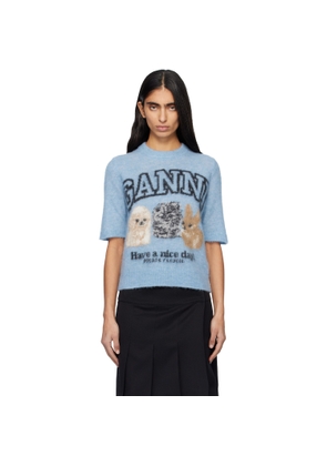GANNI Blue Fine Brushed Alpaca Puppies T-shirt