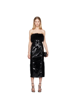 Blumarine Black Marabou Feather Faux-Leather Midi Dress