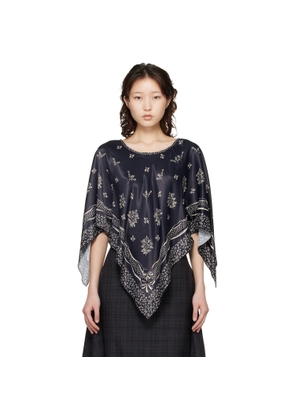 Anna Sui Black Ribbon Handkerchief Satin Print Poncho Blouse