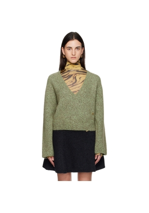 GANNI Green Brushed Mohair Mix Deep V-Neck Sweater