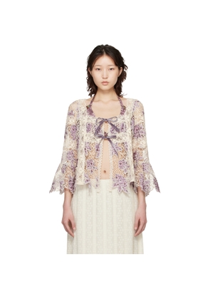 Anna Sui Purple & Off-White Medallion Floral Lace Tie Blouse