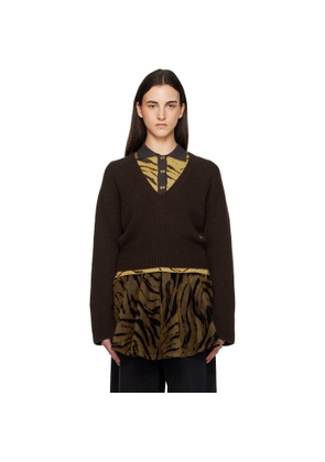 GANNI Brown V-Neck Jumper Sweater