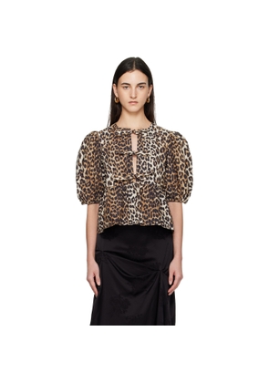 GANNI Tan Leopard Cotton Poplin Peplum Tie Blouse