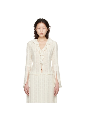 Anna Sui Off-White Floral Ruffle Stretch Lace Blouse