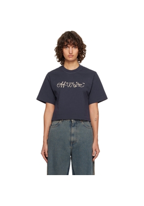 Off-White Navy Embroidered Script Logo Crop Logo T-shirt