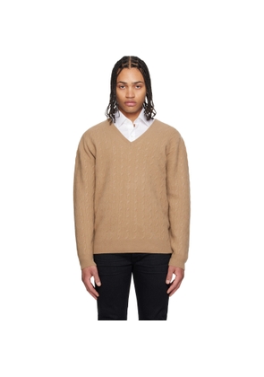 TOM FORD Tan Cable Lambswool LS V-Neck Sweater
