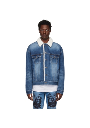 We11done Navy Oversized Faux-Shearling Denim Jacket