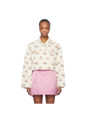 Blumarine White & Pink Floral Print Rhinestone Pin Denim Jacket
