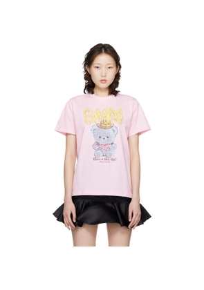 GANNI Pink Basic Cotton Jersey Cowboy Bear Print T-shirt