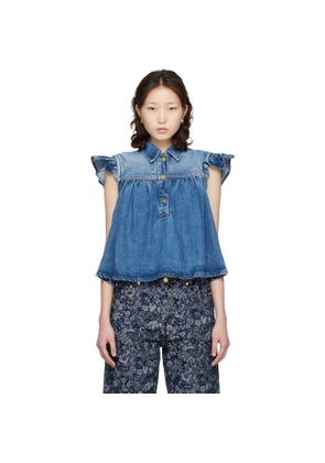 GANNI Blue Denim Ruffle Top