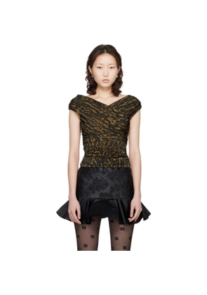GANNI Khaki Printed Shiny Jersey Sleeveless Ruched Top