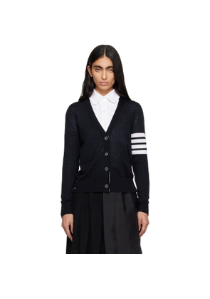 Thom Browne Navy Merino Wool 4-Bar Relaxed Fit V-Neck Cardigan