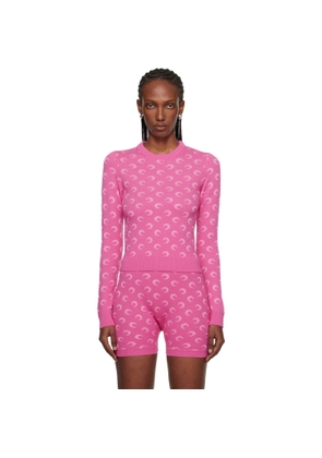 Marine Serre Pink Moon Jacquard Knit Fitted Crewneck Sweater