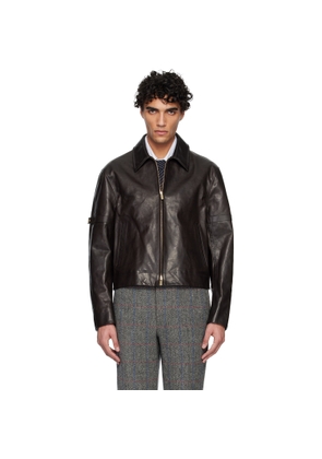 Thom Browne Brown Zip Front Armband Leather Jacket