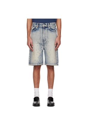 We11done Blue Embroidery Washed Denim Shorts