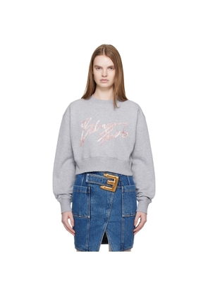 BALMAIN Gray Cropped Printed Cotton Sweatshirt