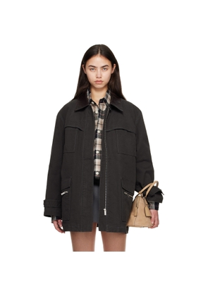 CPLUS Series Black Leather-Collar Multi-Pockets Distressed Jacket