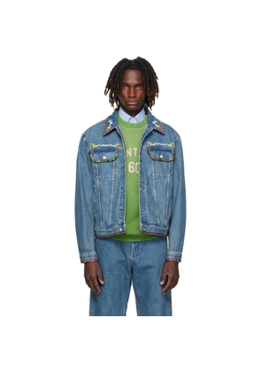 Valentino Blue Beaded Embroidery & Printed Edges Denim Jacket