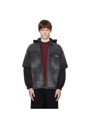 We11done Black Faded Layered Hoodie Denim Jacket