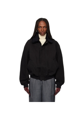 TONYWACK Black Washed Cotton Faux-Shearling Trim Bomber Jacket