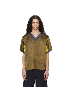 Serapis Khaki Satin Silk Double V-Neck Short Sleeve T-shirt