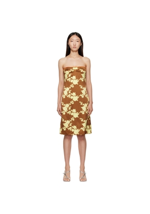 Versace Brown & Yellow Wild Roses Strapless Midi Dress