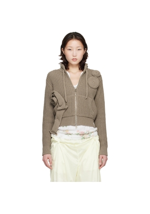 OPEN YY Taupe Applique Knit Zipup Sweater
